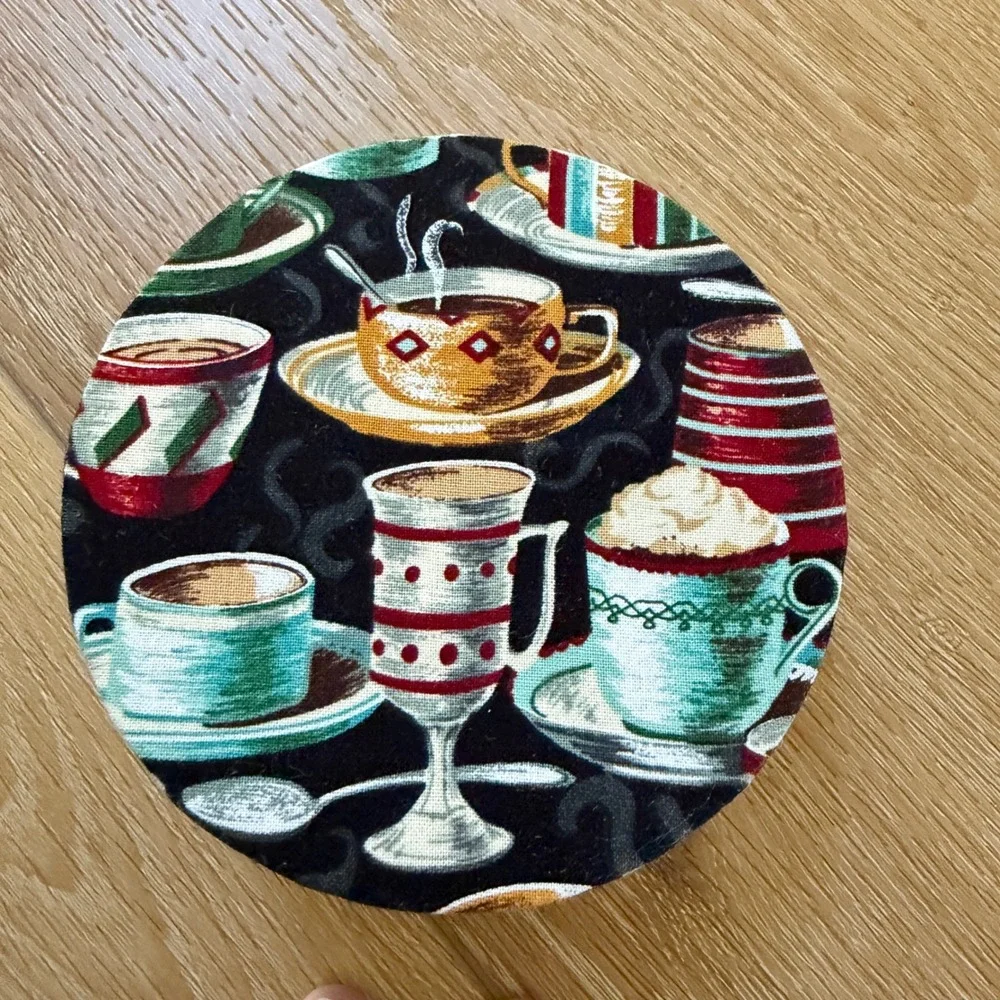 Handmade Fabric Coffee Tea Cup Trinket Box Round Red Velvet Trim Keepsake Case